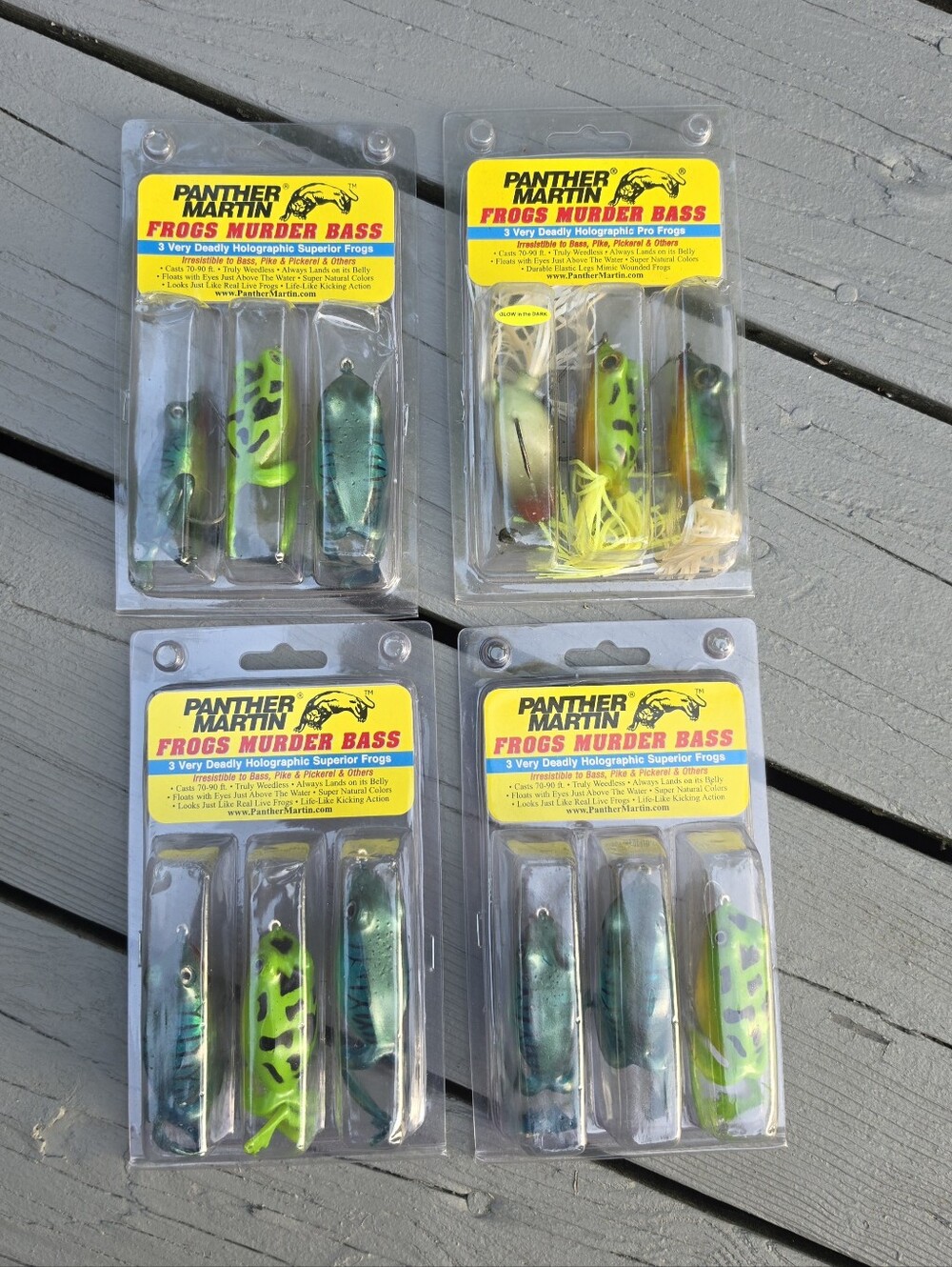 (4) 3 Pack Panther Martin Weedless Holographic Frog Bass Pike Fishing Glow Lures